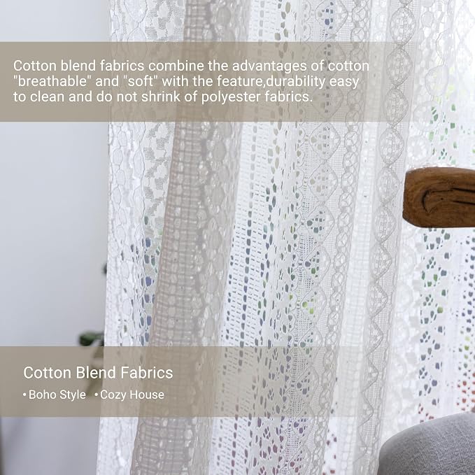 WAZZIO Boho Lace Curtains 63 Inches 2 Panel, Light Filtering Privacy Tassel & - Image 6