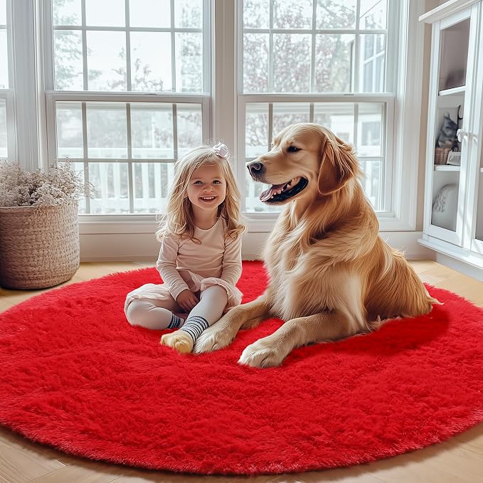 ONASAR Red Round Rugs 5ft for Bedroom Living Room, Fluffy Circle Area Rug for - Image 7