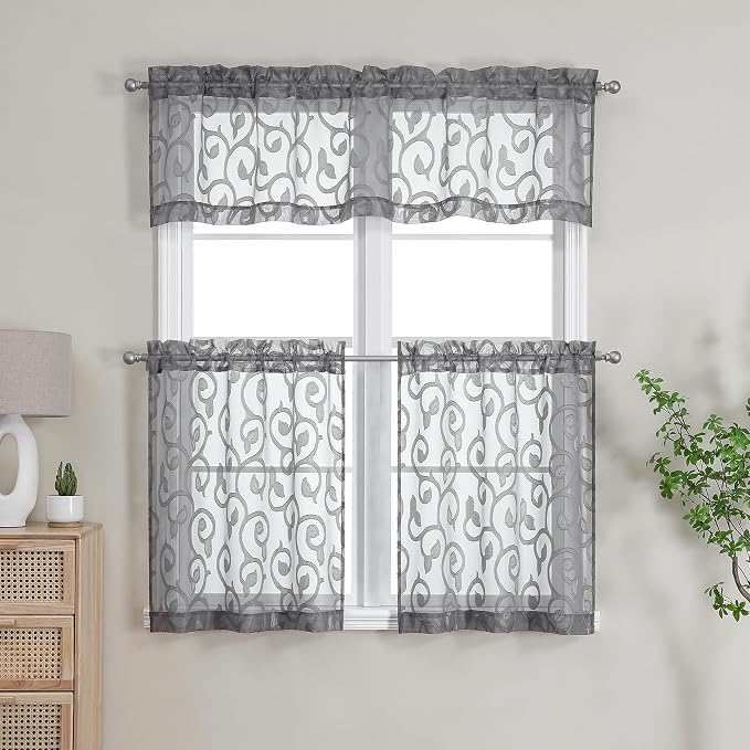 OWENIE Furman Sheer Curtains Tiers 24 Inch Length 2 Panels Set, Geometric - Image 7