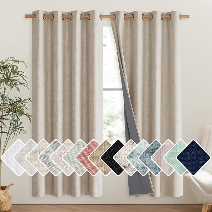 NICETOWN Oatmeal Bedroom Full Blackout Linen Curtain Panels Set of 2, Thick by NICETOWN