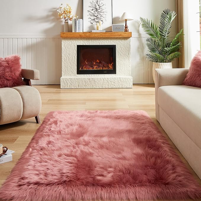 AMTOVO Faux Fur Sheepskin Rug for Living Room, 4 x 6 ft Blush Pink Fluffy Area - Image 2