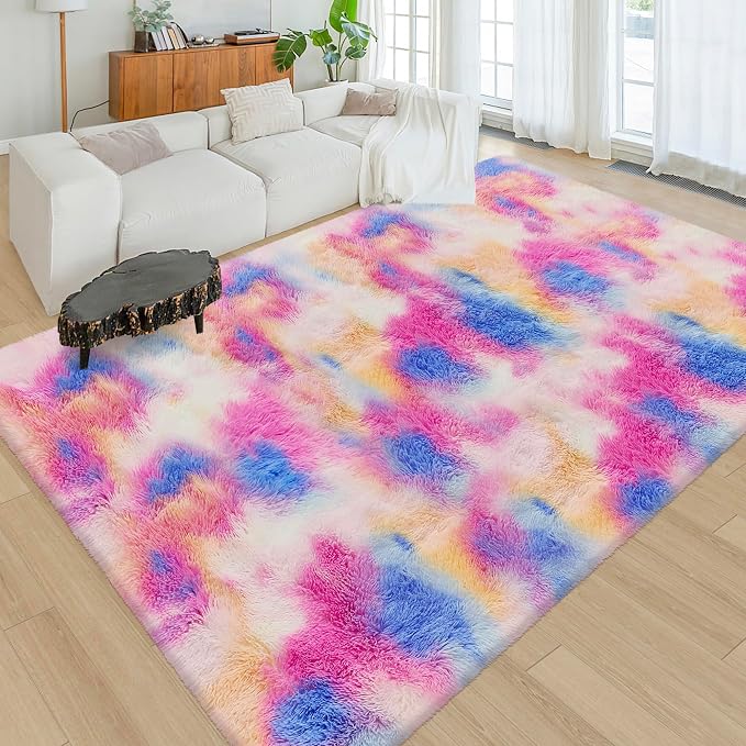 Fluffy Rainbow Colorful Rug for Living Room 6x9 Kawaii Rainbow Tie Dye Area Rug - Image 6