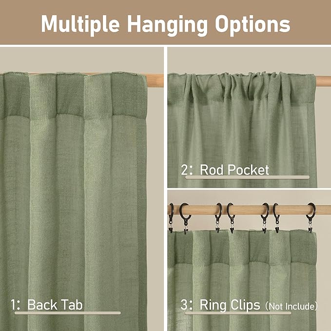 LAMIT Sage Green Linen Curtains 54 Inch Length 2 Panels, Light Filtering Panels - Image 3
