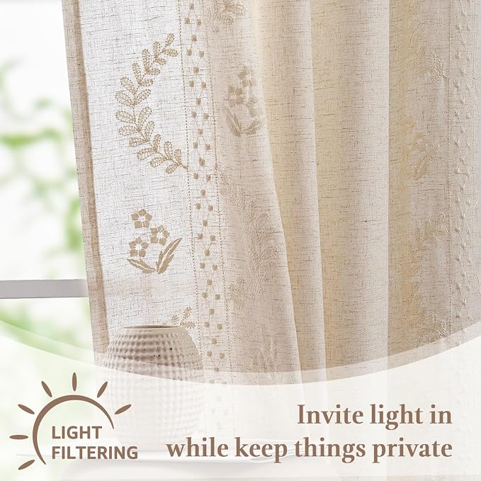 jinchan Belrose Linen Floral Cafe Curtains 45 Inch Length Embroidered Farmhouse - Image 6