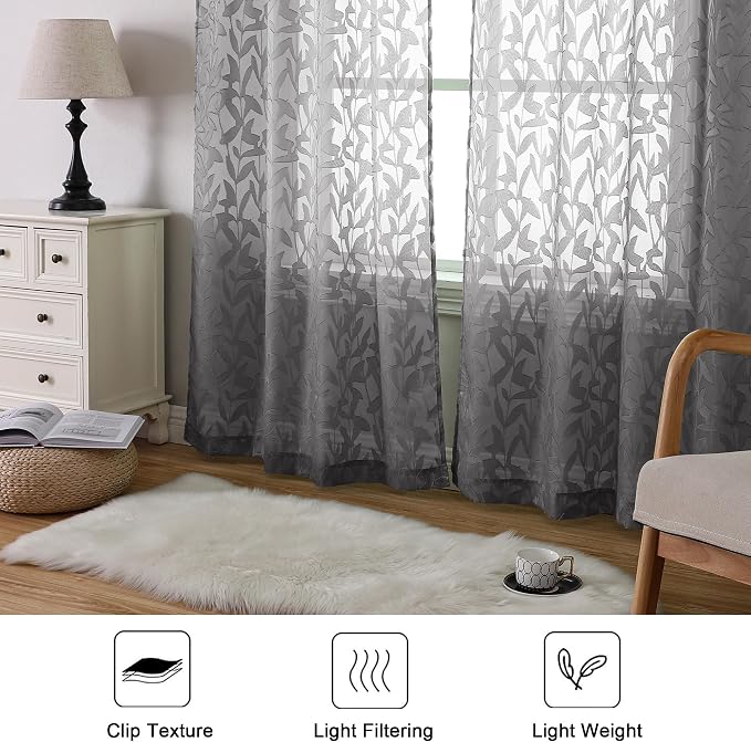 Lecloud Leia Charcoal Grey Sheer Curtains 96 Inches Long 2 Panels, Airy Leaf - Image 7