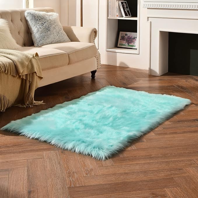 duduta Turquoise Blue Faux Sheepskin Fur Rug 3x5 ft, Fluffy Shag Bedroom Dorm - Image 3