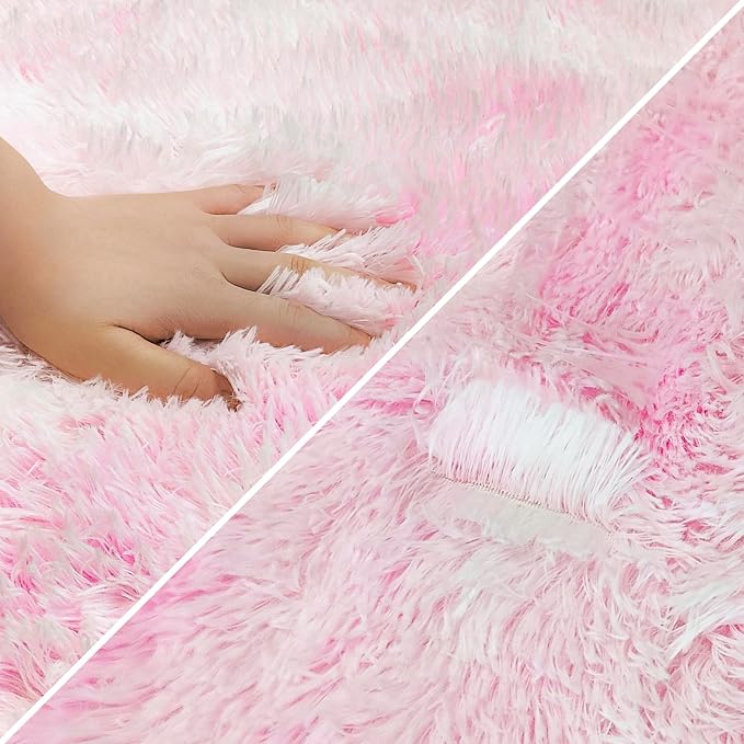 Super Soft Fluffy Living Room Area Rug 2x8 ft Tie-Dyed Light Pink Shaggy Furry - Image 6