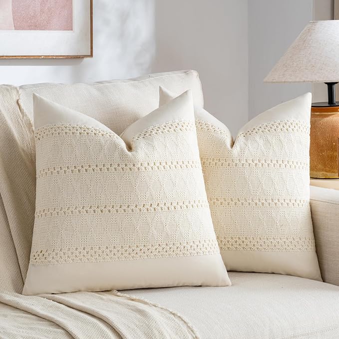 Fancy Homi Set of 1 Boho Cream Decorative Throw Pillow Cover 18x18 Inch - Image 2