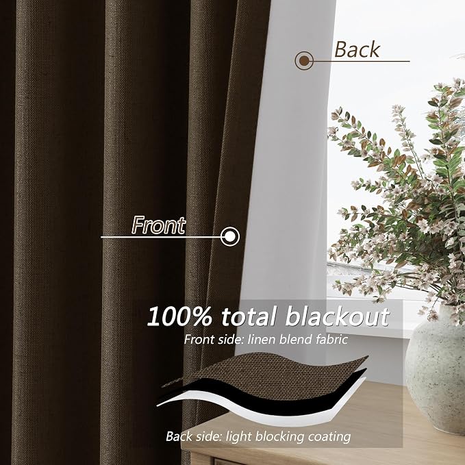 Guken Chocolate 100% Blackout Linen Curtains 102 Inch Length 2 Panels Set - Image 4