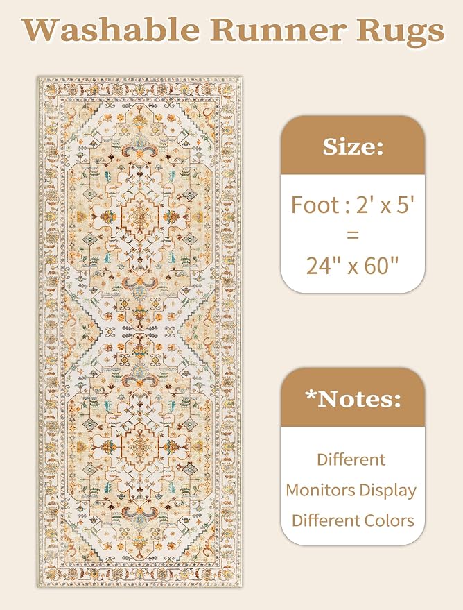 SERISSA Boho Washable Runner Rug, 2x5 Rug Runner Non-Slip Vintage Light Yellow - Image 6