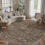 8x8 Washable Round Rug for Living Room Bedroom Vintage Brown Non Slip Carpet - Image 3
