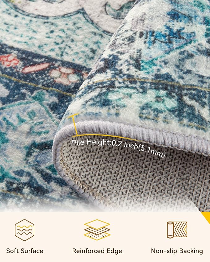 Area Rugs 6ft Washable Non-Slip, Floral Vintage Distress Print Pattern - Image 4