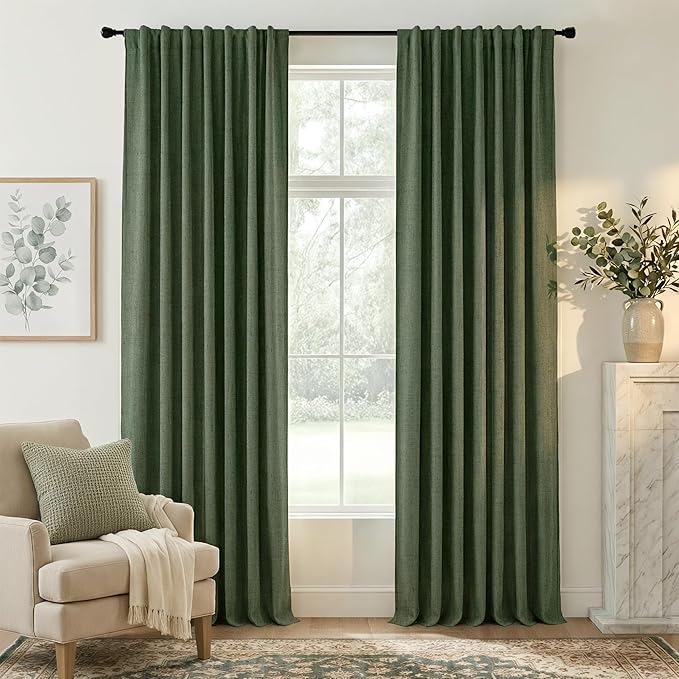 RYB HOME Olive Green 100% Blackout Linen Curtains 96 inches Long, Luxury by RYBHOME