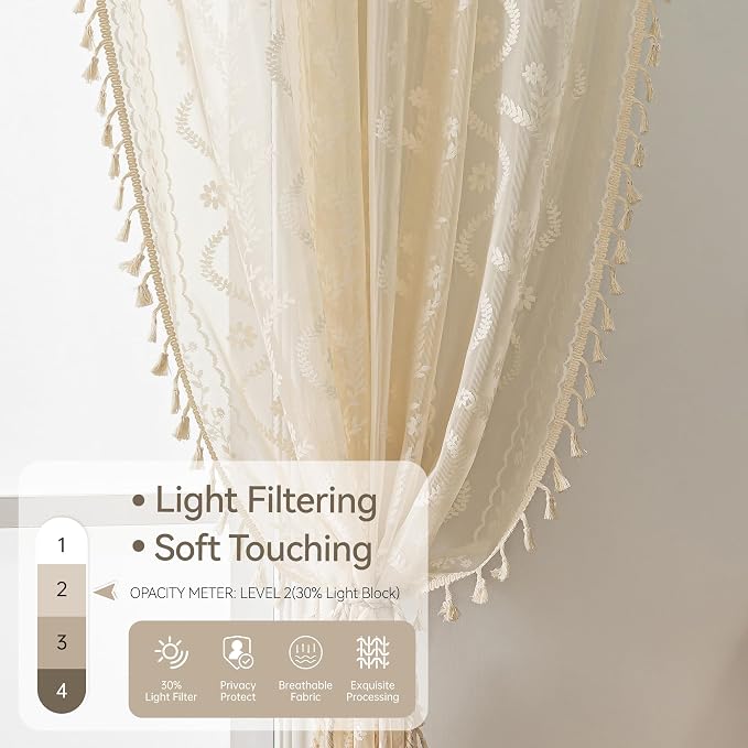 WAZZIO Boho Lace Curtains 2 Panels 45 Inches -Cute Vintage Victorian Sheer - Image 4