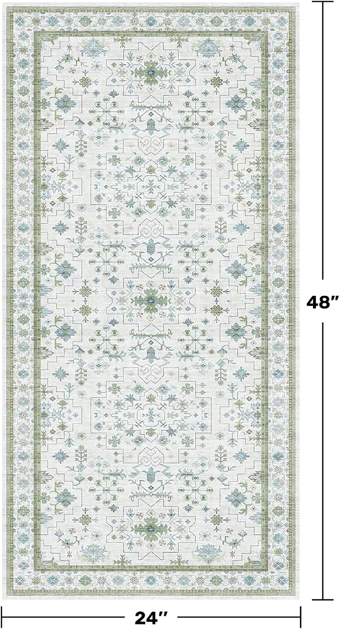 Cream Green and Blue 2x4 Boho Bathroom Rug - Image 2
