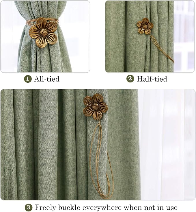 Lewondr Curtain tie Magnetic, 4 Pieces Vintage Resin Flower Curtain Drapery - Image 2