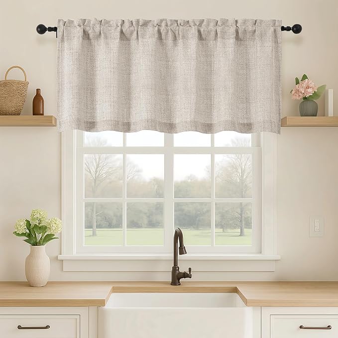 OVZME Valance for Windows, Light Filtering Faux Linen Textured Small Kitchen by OVZME