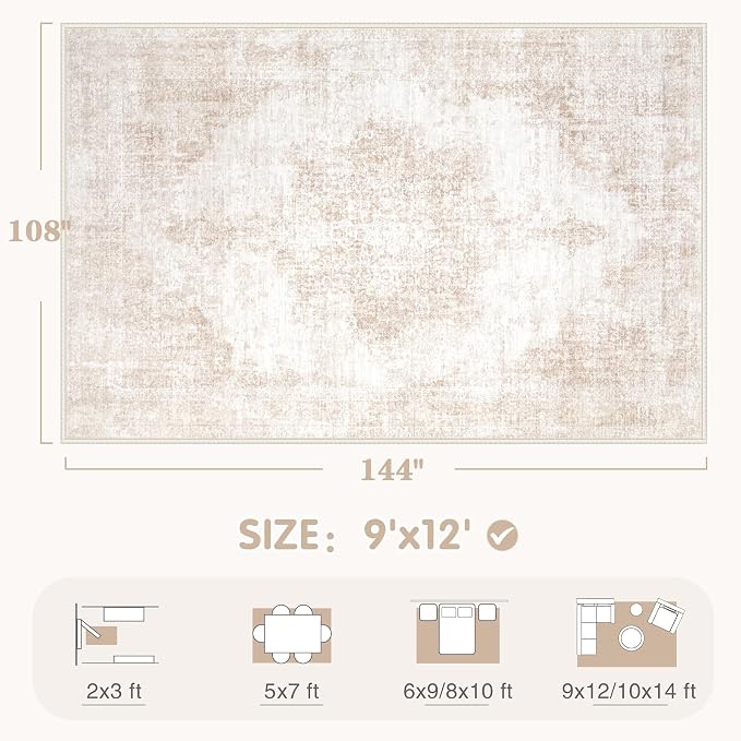 Area Rug 9x12 Vintage Rugs: Large Washable Living Room Rug Retro Medallion - Image 2