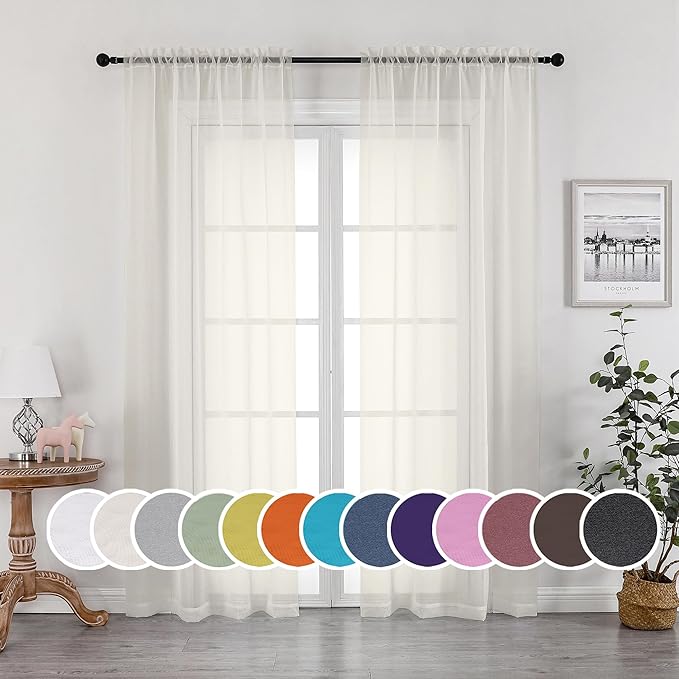 OWENIE Sheer Curtains 63 inch Length, Ivory Sheer Cutains 2 Panels Set by OWENIE