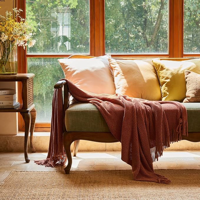 lifein Throw Blanket for Couch, Soft Boho Bed Throw, Cozy Burnt Orange Chenille - Image 2