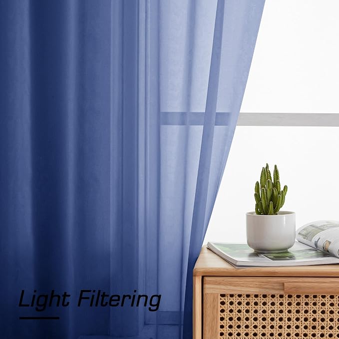 Simplebrand Royal Blue Sheer Curtains 96 Inches Long 2 Panels, Light Filtering - Image 3