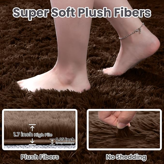 2x6 Bedside Area Rugs for Bedroom: Soft Fluffy Shag Brown Rug for Hallway - Image 4