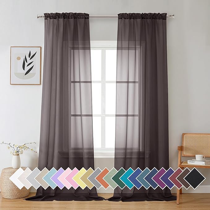 Aiyufeng Chocolate Brown Sheer Curtains 90 Inches Long 2 Panels, Solid Voile by Aiyufeng