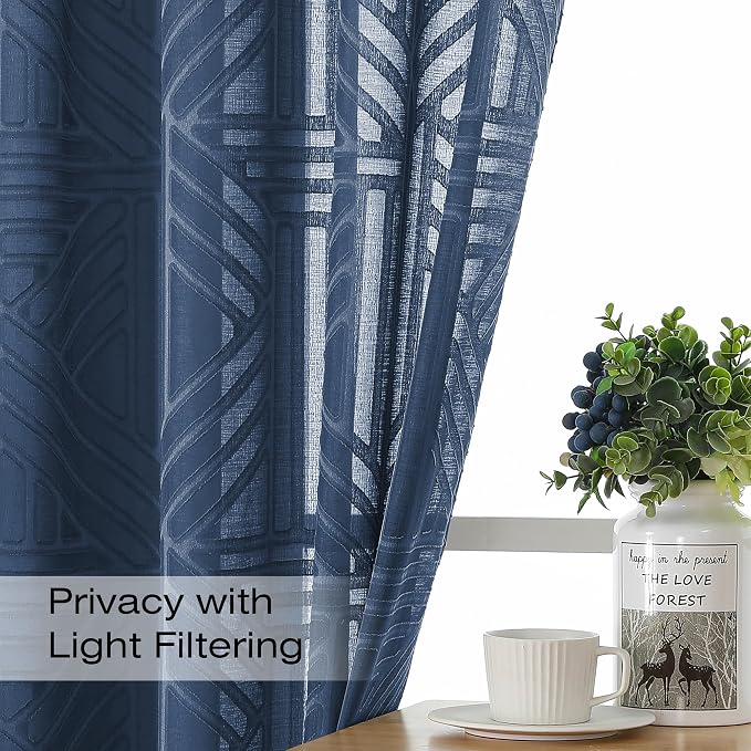 Simplebrand Navy Blue Semi Sheer Curtains 54 Inch Length 2 Panels, Geometric - Image 2