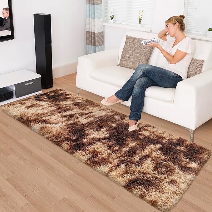 Super Soft Fluffy Living Room Area Rug 2x6 ft Tie-Dyed Brown Shaggy Furry - Image 2