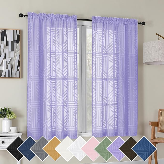 Simplebrand Lavender Semi Sheer Curtains 45 Inch Length 2 Panels, Geometric by Simplebrand