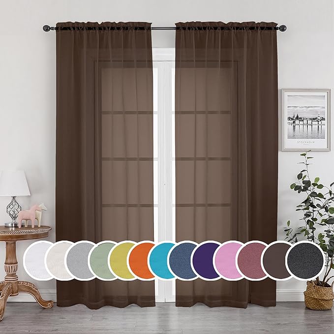 OWENIE Chocolate Sheer Curtains 96 Inch Length, Elegant Sheer Curtains by OWENIE