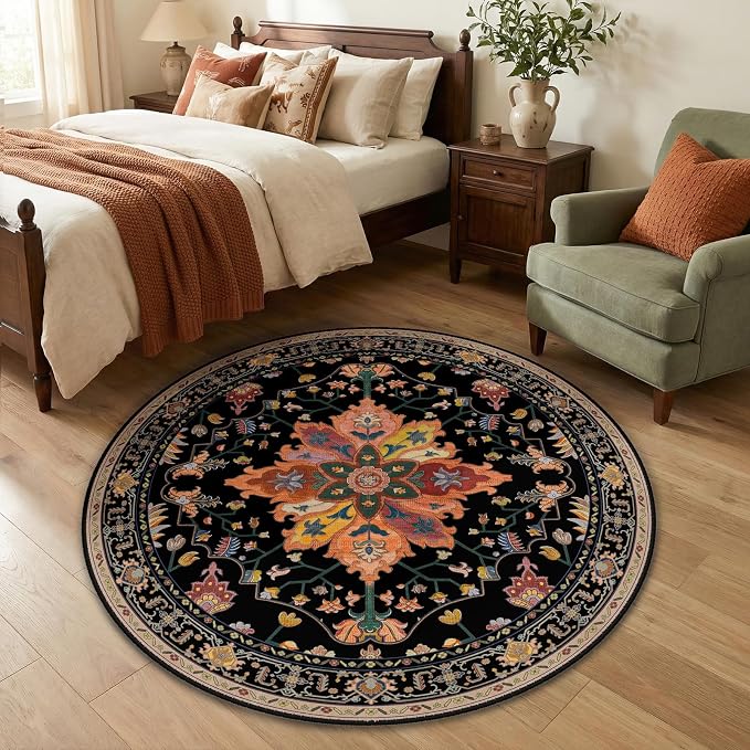 Area Rugs 4ft Washable Non-Slip, Floral Vintage Distress Print Pattern - Image 2