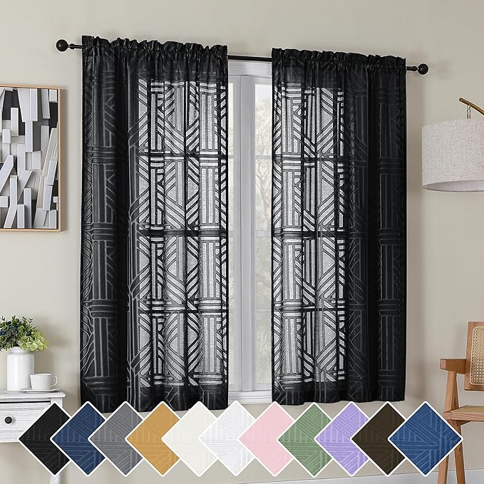 Simplebrand Black Semi Sheer Curtains 45 Inch Length 2 Panels, Geometric by Simplebrand
