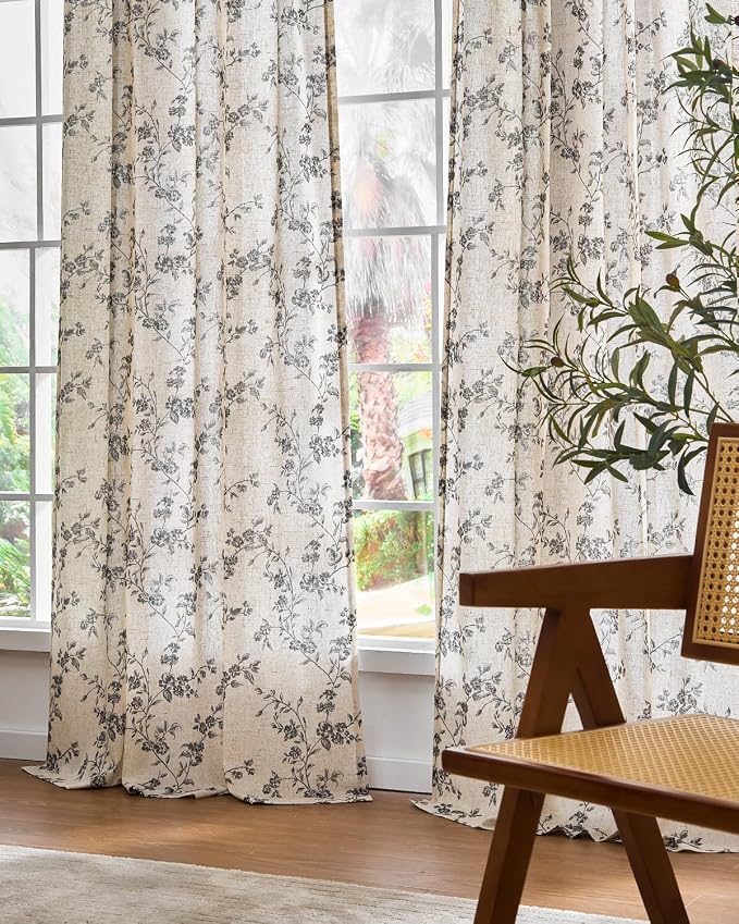 Lazzzy Farmhouse Linen Curtains Black Floral Curtains 90 Inch Length Back Tab - Image 8