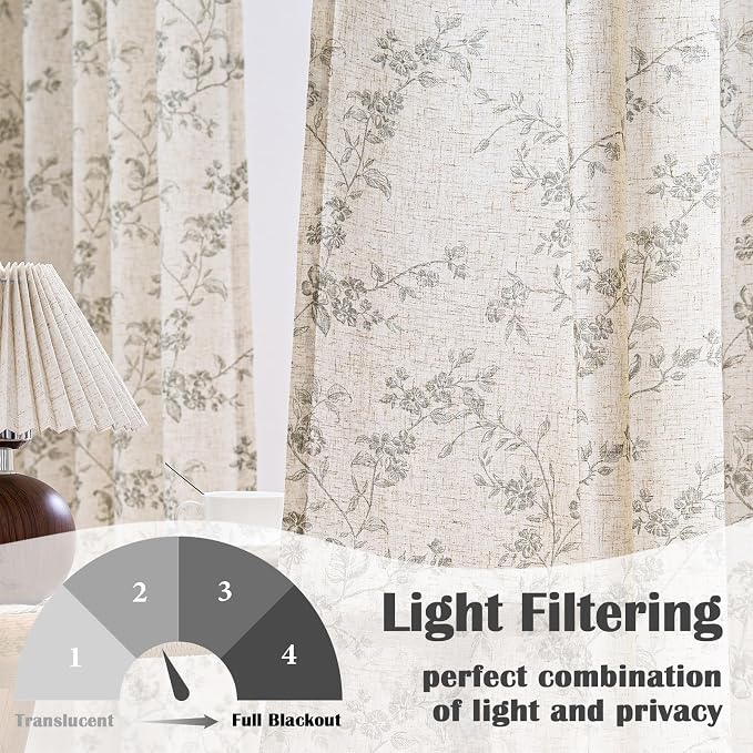 Lazzzy Grey Floral Linen Curtains 90 Inch Farmhouse Back Tab Drapes - Image 2