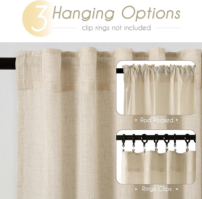 Greyish Beige Linen Curtain 84 inch Length 2 Panels Set Back Tab Light - Image 2