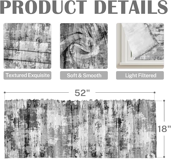 Emvency 4 Pack Valances Window Treatments, Abstract Modern Grey Grunge - Image 3