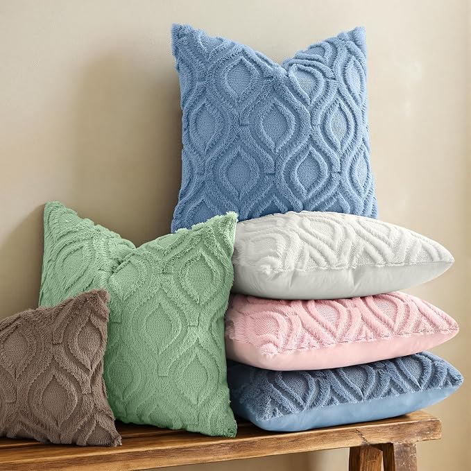 decorUhome Throw Pillow Covers 16x16 Inch Set of 2, Soft Plush Faux Wool Bluen - Image 2