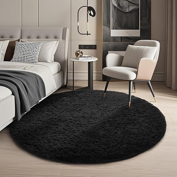 Ophanie Round Rug 4Ft Black Circle Area Rug, Room Decor by Ophanie