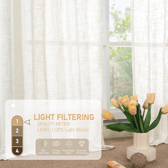 LAMIT Cream Linen Curtains 80 inches Long 2 Panels Set, Sheer White Light - Image 5