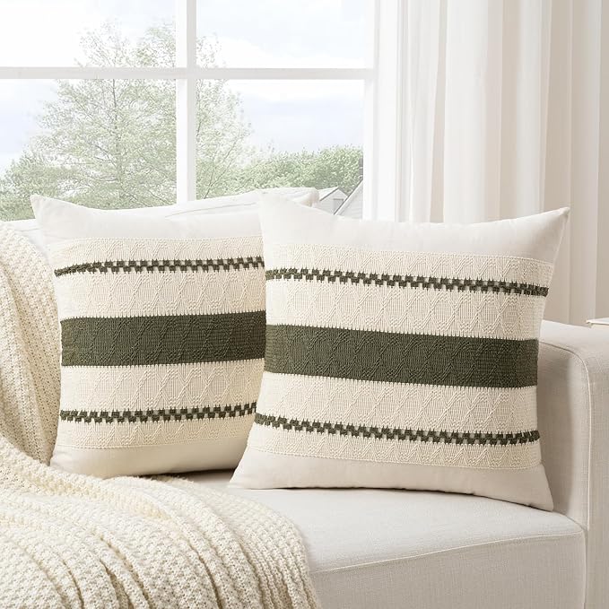 Fancy Homi Set of 1 Boho Olive Green Decorative Throw Pillow Cover 16x16 Inch - Image 2