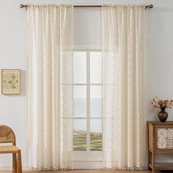 WAZZIO Boho Lace Curtains 2 Panels 84 Inches Long-Cute Vintage Victorian Sheer - Image 2