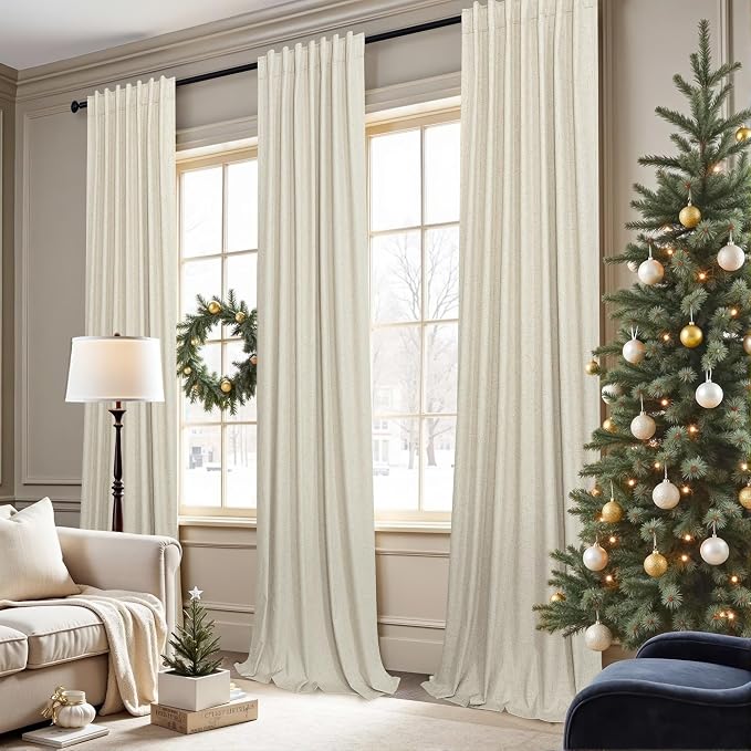 100% Blackout Neutral Curtains for Living Room 96 Inches Long 8 ft Faux Linen - Image 2
