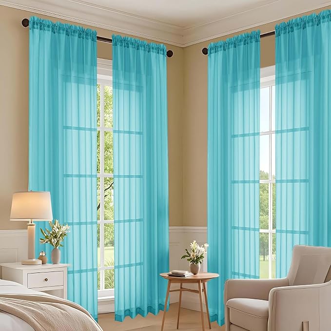 OVZME Turquoise Sheer Curtains 72 Inches Long 2 Panels Set, Light Filtering - Image 7