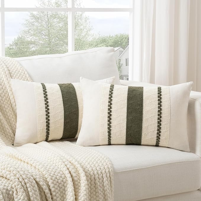 Fancy Homi Set of 1 Boho Olive Green Long Lumbar Decorative Throw Pillow Cover - Image 2