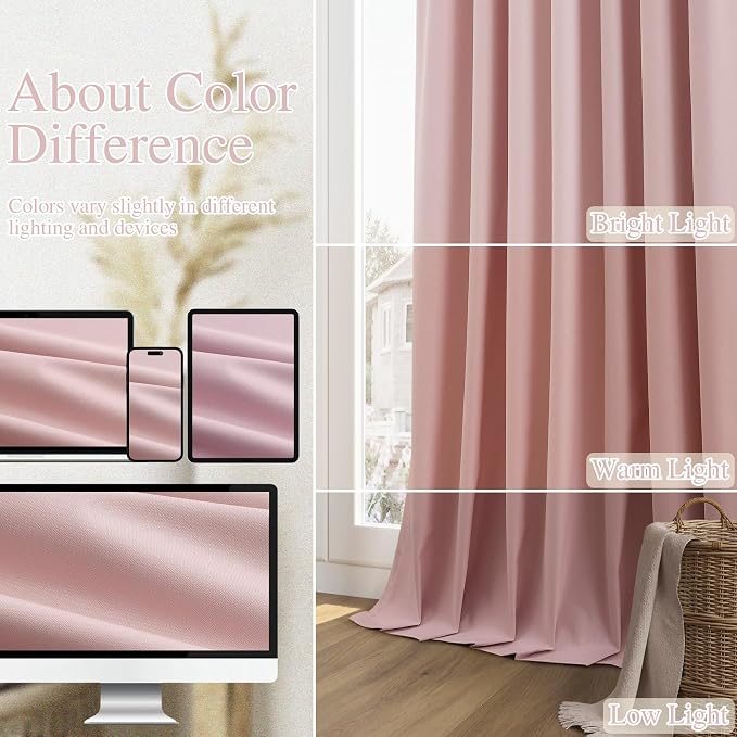 Guken Pink 100% Blackout Linen Curtains 120 Inch 2 Panels Set - Image 7