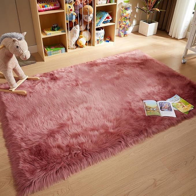 AMTOVO Faux Fur Sheepskin Rug for Living Room, 4 x 6 ft Blush Pink Fluffy Area - Image 3