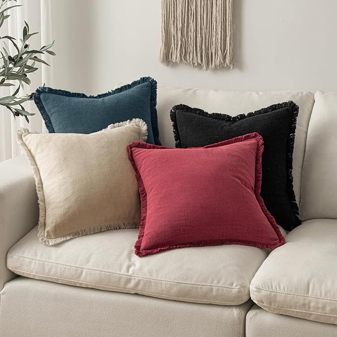 MIULEE Decorative Throw Pillow Covers Neutral Linen Fringe Throw Pillows Euro - Image 5
