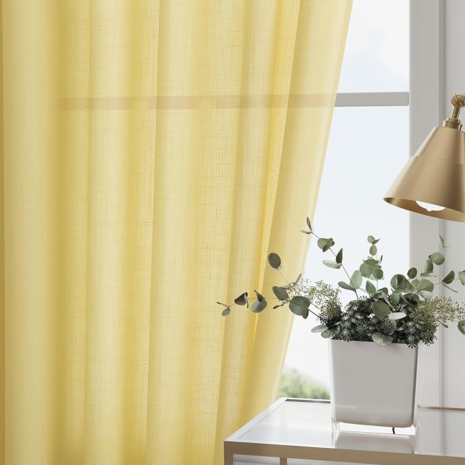 Yellow Linen Semi Sheer Curtains 120 Inches Long 2 Panels Set Back Tab Loop - Image 2