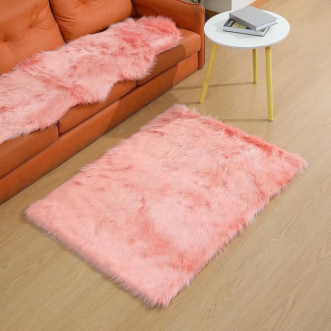 linmopm Faux Fur Rug Sheepskin Shag Fluffy Fuzzy Pink 3x4 ft Rugs - Image 2